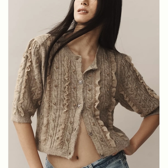 Anthropologie Tops - Anthropologie Maeve Short Sleeve Embellished Ruffle Cardigan Size M, New!